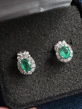 14k Solid White Gold  Diamond and Emerald Stud Earrings.